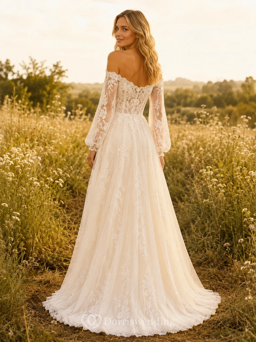 Boho Lace Tulle Wedding Dress A-Line Off Shoulder Long Sleeve Sweep Train Bridal Gown view 2