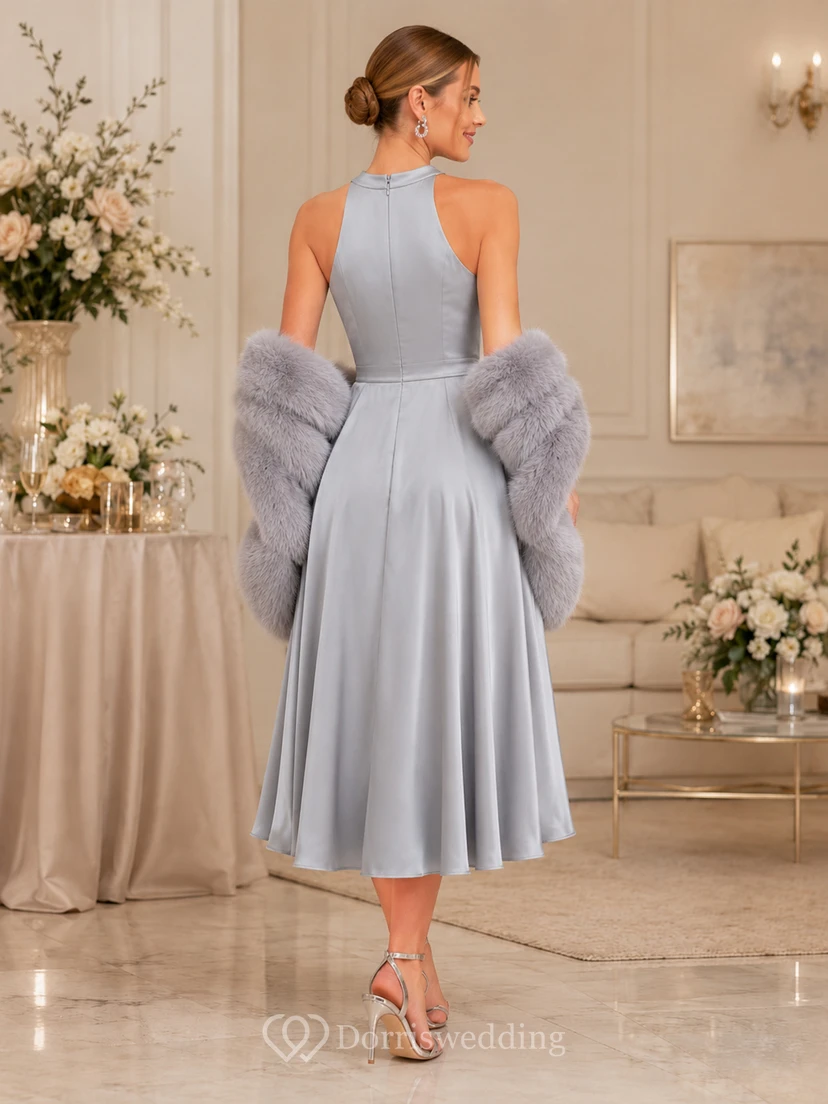 Silver High Neck Faux Fur Satin A Line Midi Guest Dress view 2