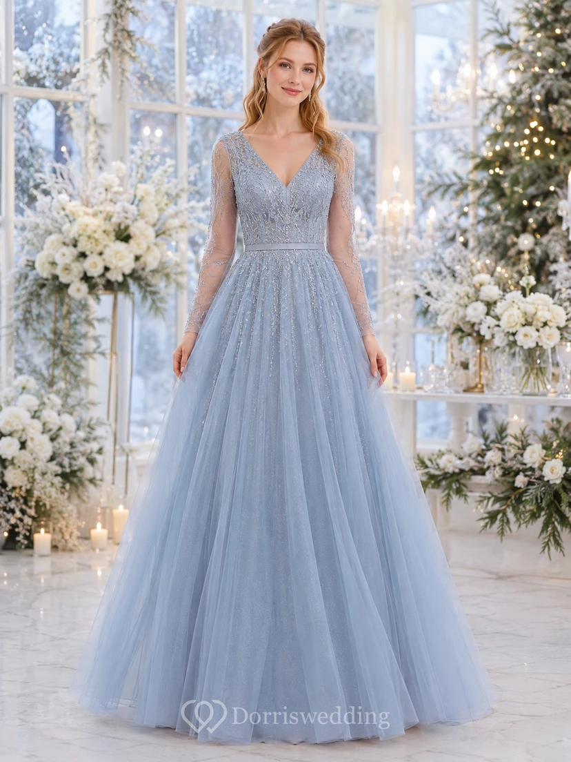 Sky Blue Lace Tulle Long Sleeve Winter Gown