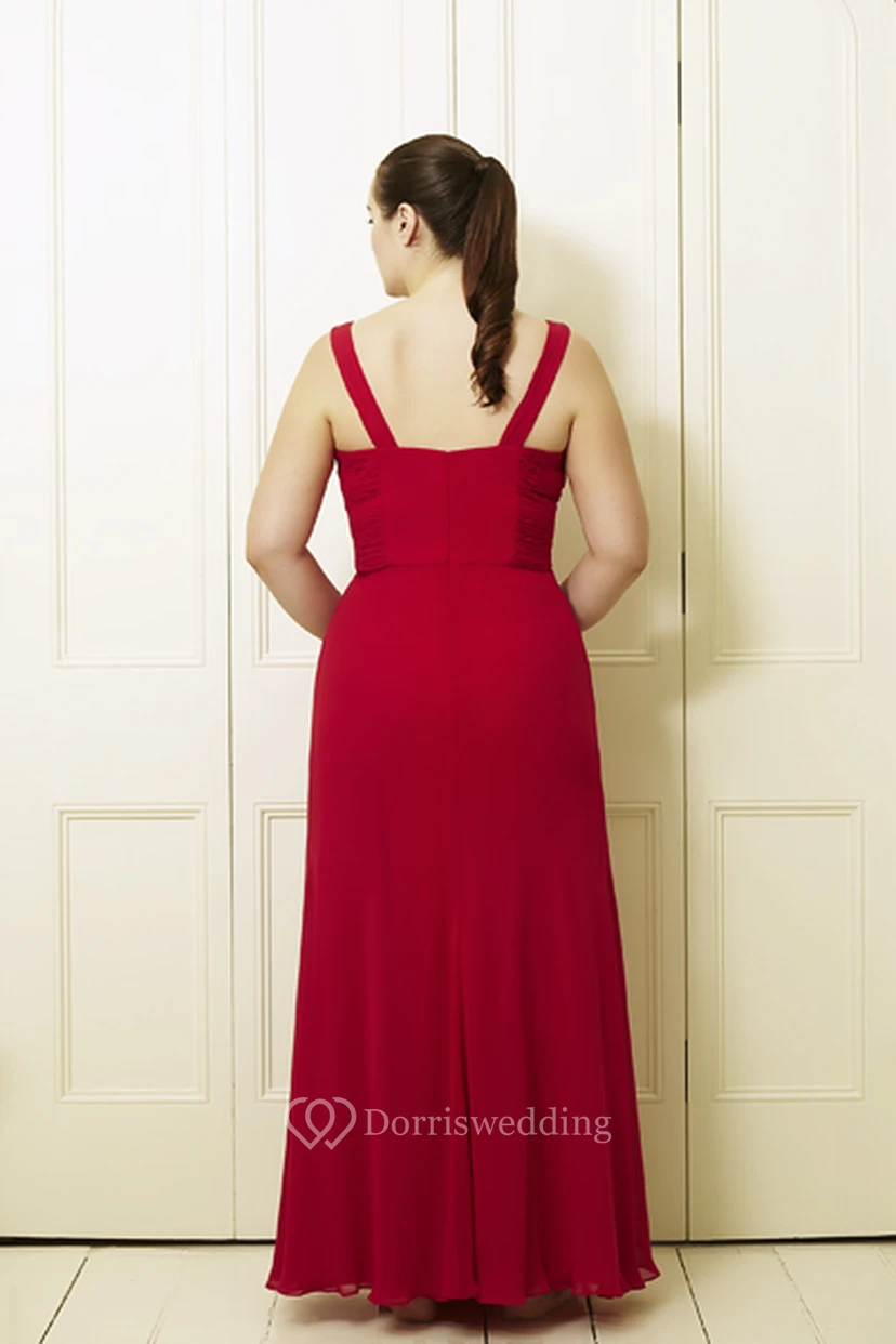 Maxi V-Neck Sleeveless Ruched Chiffon Plus Size Prom Dress With Broach view 2