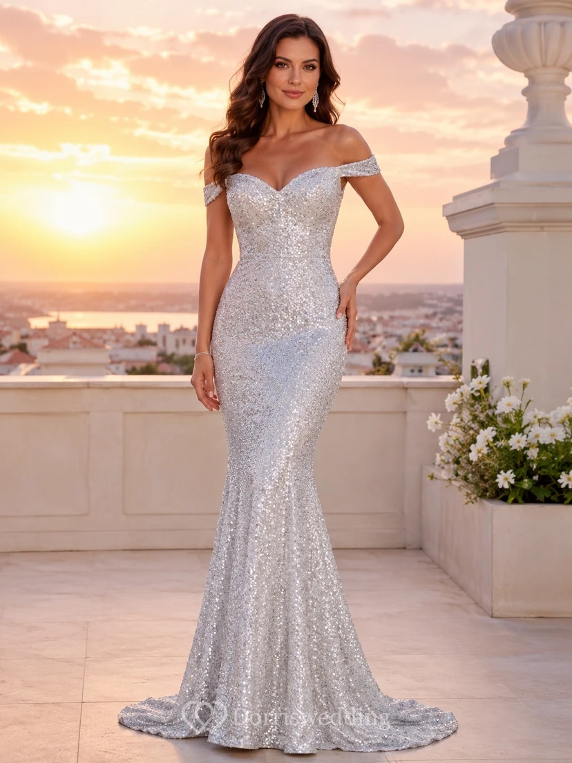 Silver Evening Dress Mermaid Sequin Off-the-Shoulder Sweep Train Sexy Luxury Gown