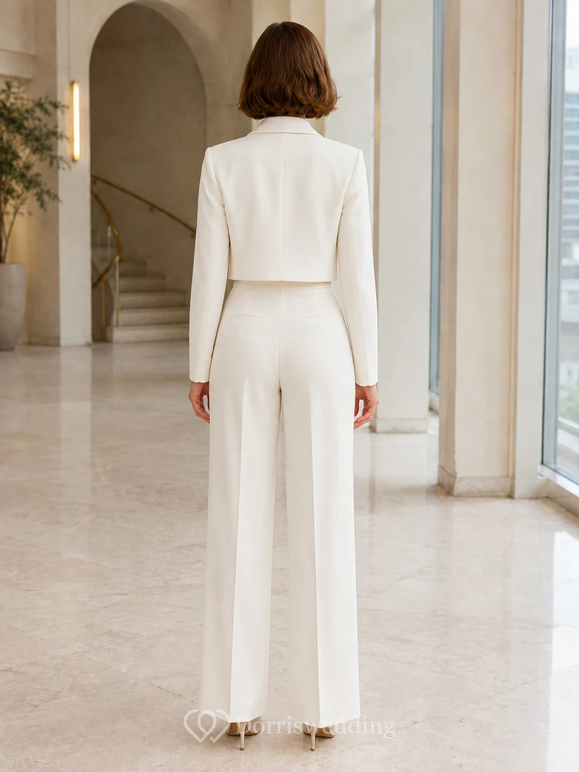 Modern Bridal Pantsuit Two Piece Cropped Blazer Wide Leg Wedding Outfit view 2