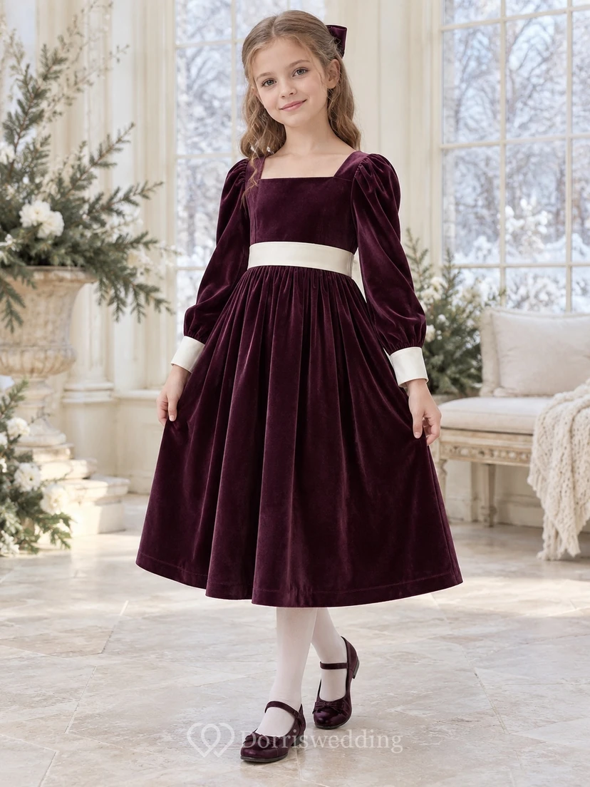 Plum Velvet Square Neck Ivory Sash Long Sleeve Flower Girl Dress