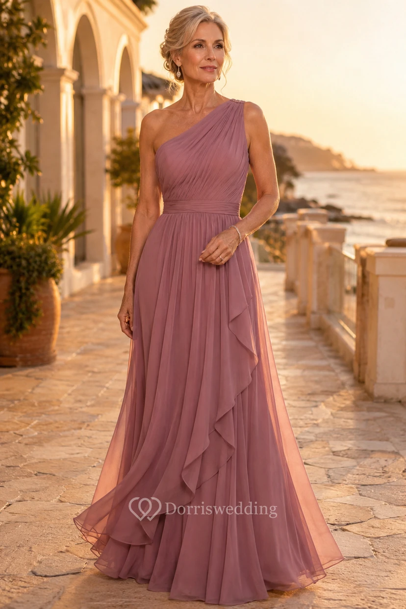 Altrosa Chiffon-Kleid mit einem Träger und A-Linien-Schnitt, das zum Muttertag passt