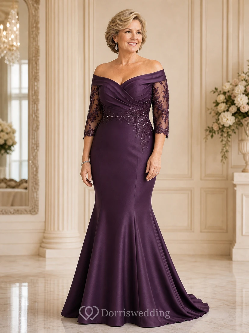Burgundy Off Shoulder Mermaid Mother Gown Burgundy Off-the-shoulder Sweetheart Mermaid Floor-length Sweep Train view 6