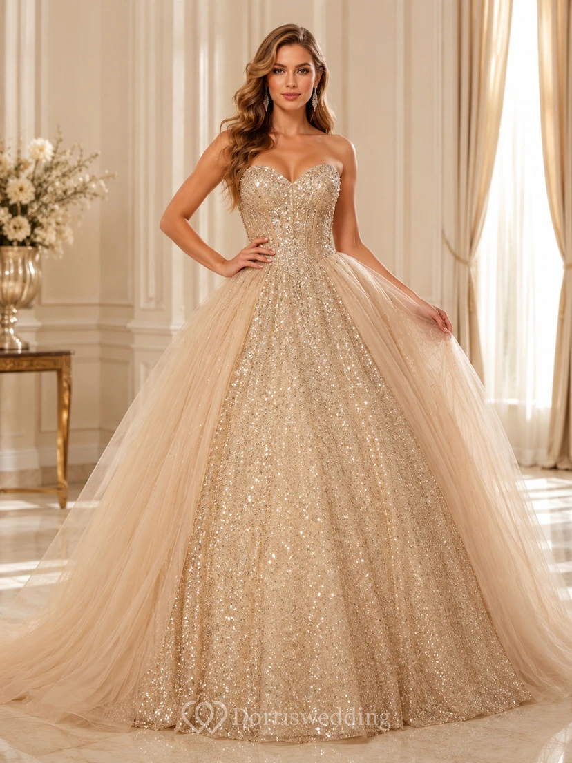 Champagne Luxury Strapless Sweetheart Sequin Tulle Overskirt Quinceanera Princess Ball Gown