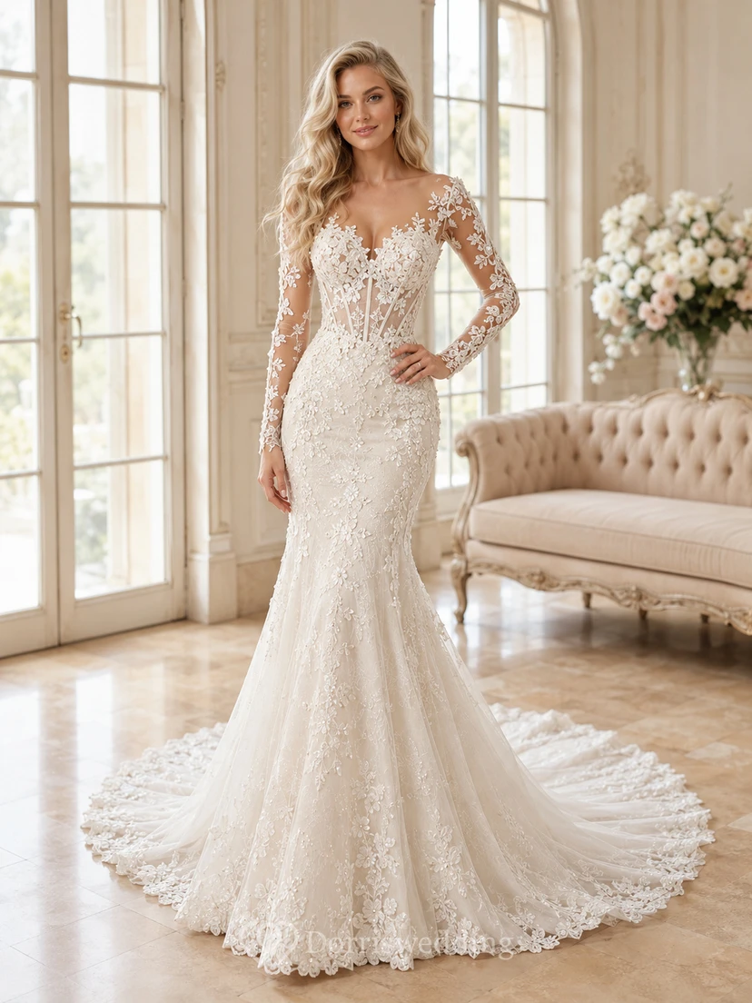Robe de mariée sirène en dentelle féminine, décolleté en V profond, manches longues, traîne chapelle, ornée d'appliqués floraux.