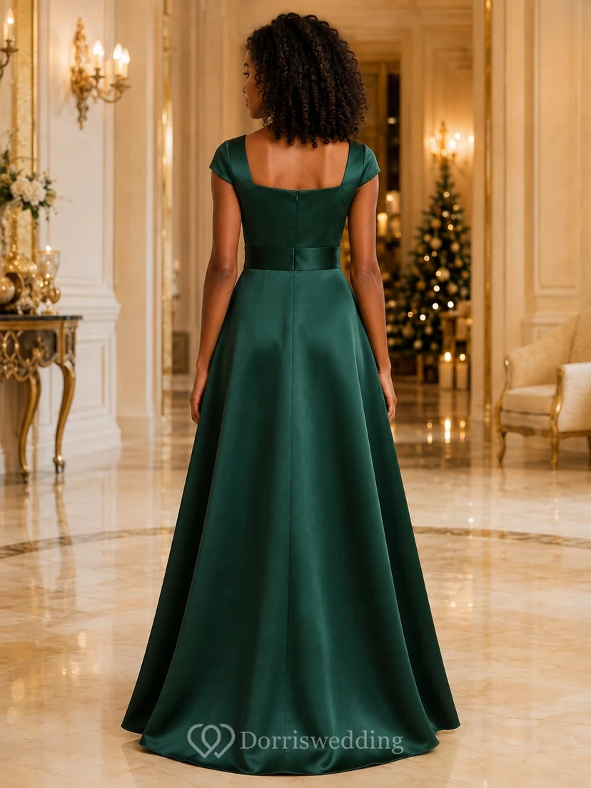 Dunkelgrünes Brautjungfernkleid für junge Mädchen, A-Linie, eckig, kurze Flügelärmel, elegant, aus Satin view 2