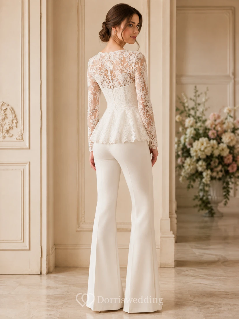 Elegant Lace Bridal Pantsuit Two Piece Bateau Long Sleeves Peplum Top view 2