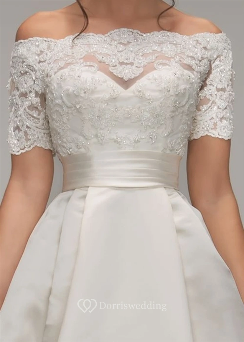 A-Line Off-The-Shoulder Short-Sleeve Satin Wedding Dress With Illusion view 3