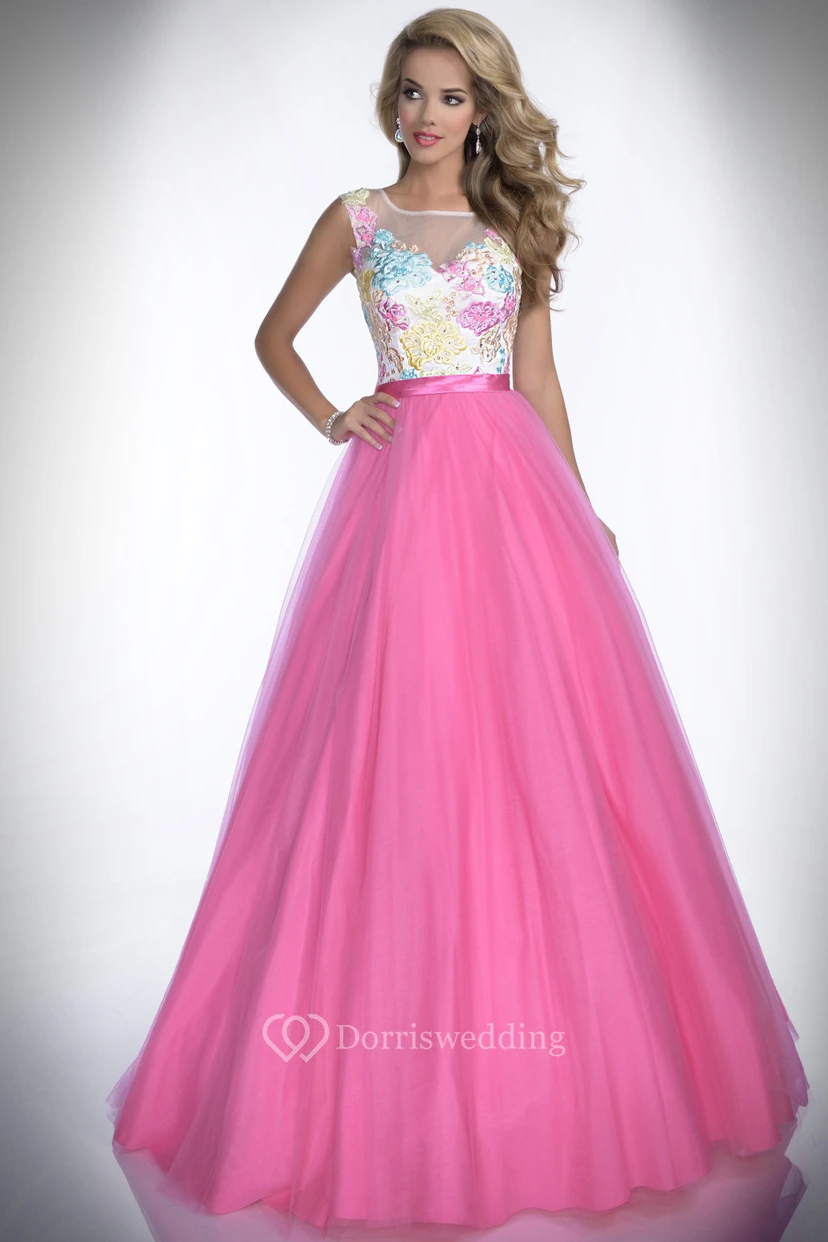 Embroidered Bodice A-Line Tulle Prom Dress With Bateau Neck