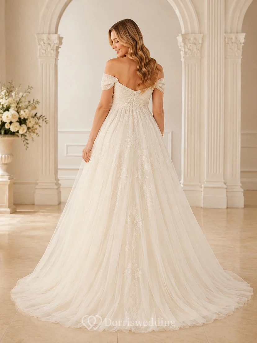 Robe de mariée de luxe en tulle, longue jusqu'au sol, épaules dénudées et manches courtes, style princesse, idéale pour la maternité. view 2