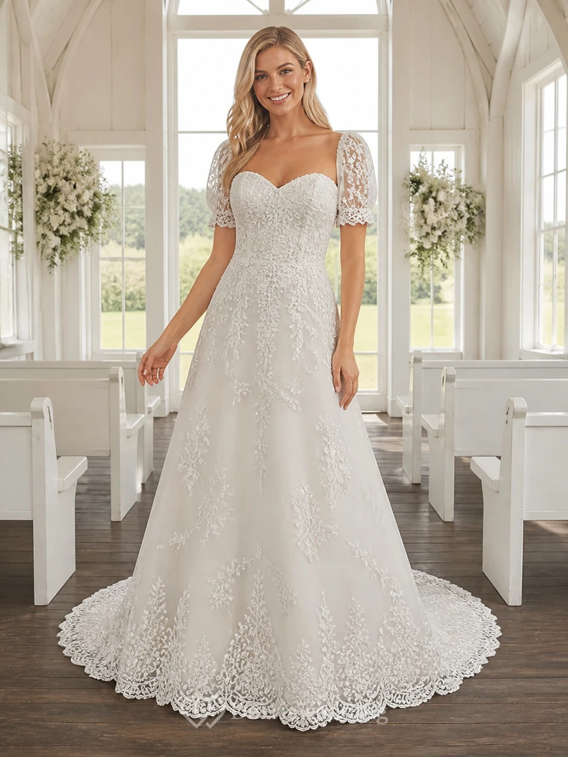 Vestido de novia vintage de manga corta, corte A, escote corazón, encaje rosa, cola de capilla