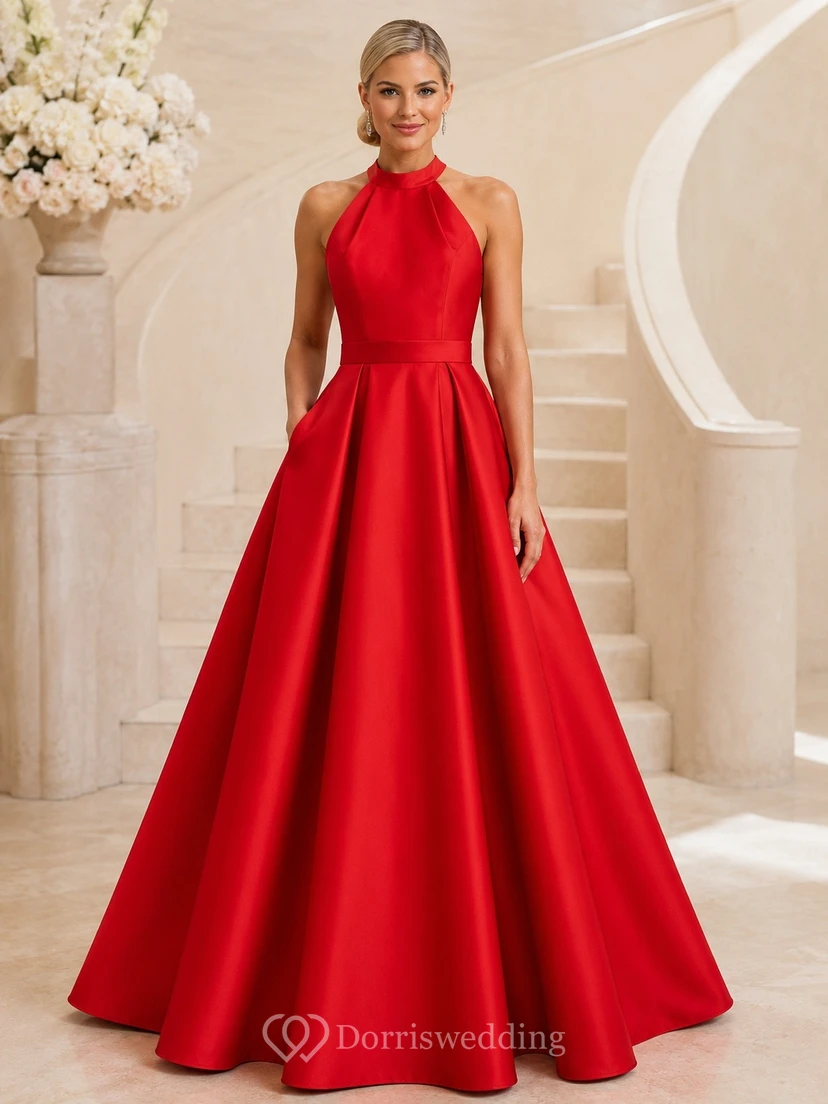 Red Elegant Halter Sleeveless Satin A-Line Floor-Length Prom Dress