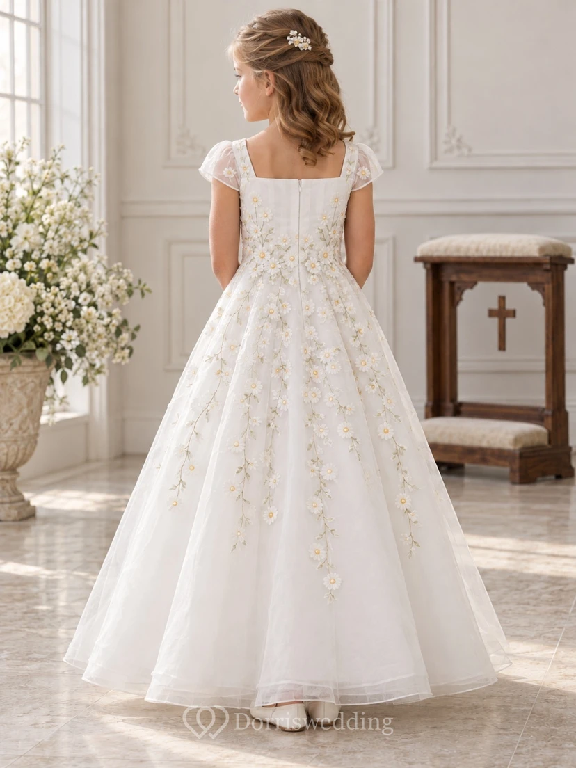 Square Neck White Cap Sleeve Trailing Daisy Organza Communion Dress view 2