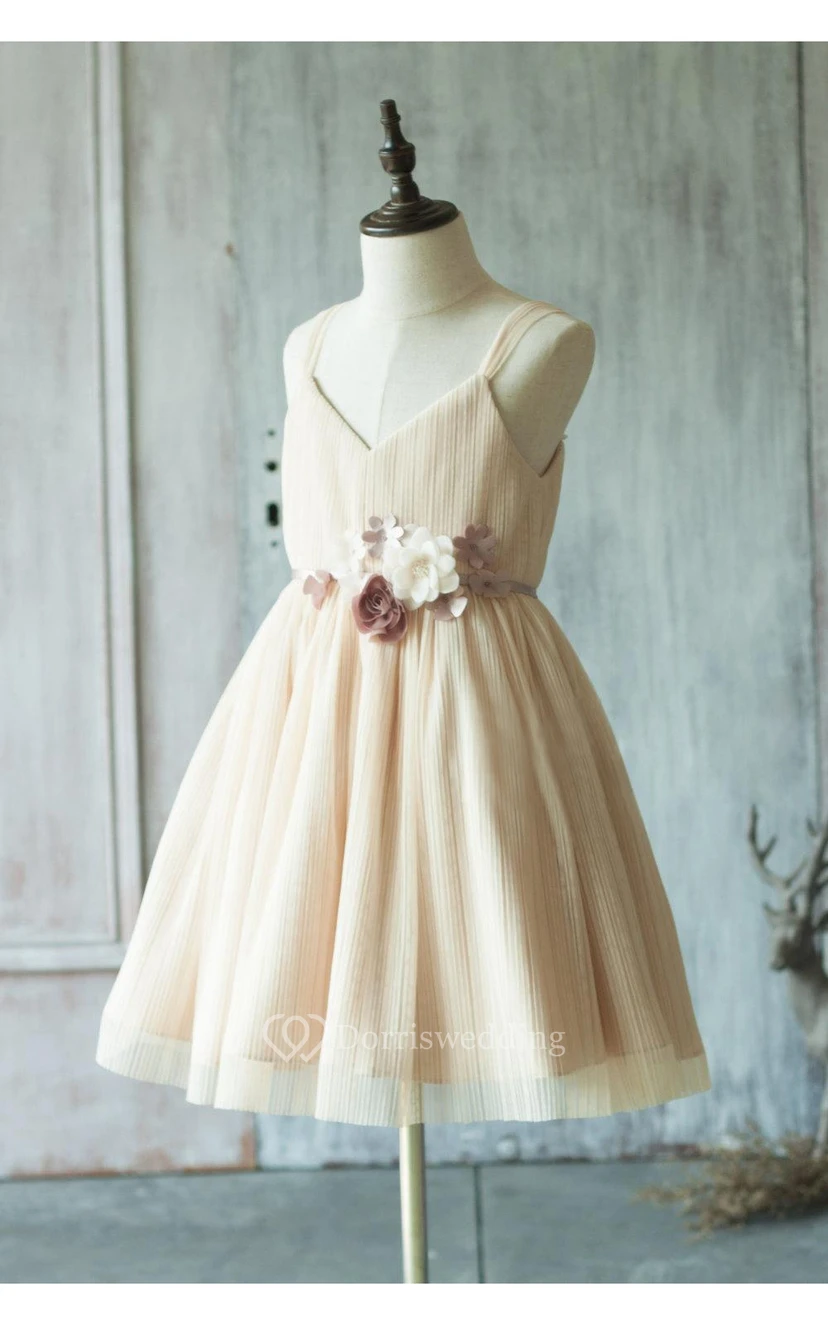 Spaghetti Strap V Neck A-line Pleated Knee Length Tulle Dress With Floral Sash view 2