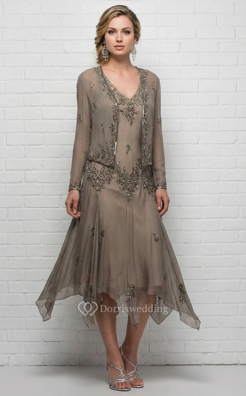 Robe cocktail vert forêt à perles, style vintage, avec veste transparente et ourlet asymétrique view 2