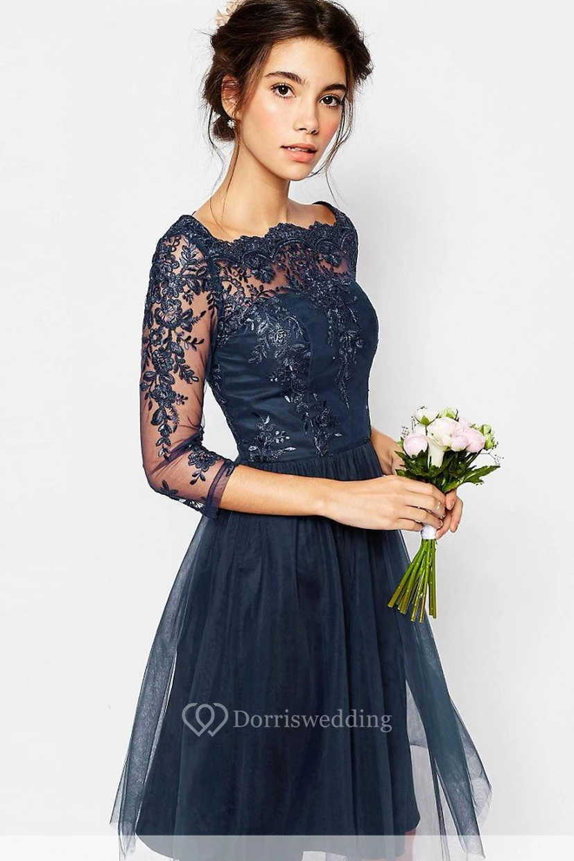 3-4-Sleeve Bateau-Neck Knee-Length Tulle Bridesmaid Dress With Illusion view 3