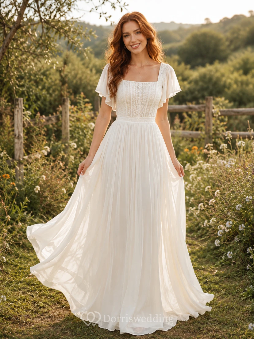 Square Neck Cap Sleeve Chiffon A-Line Country Wedding Dress