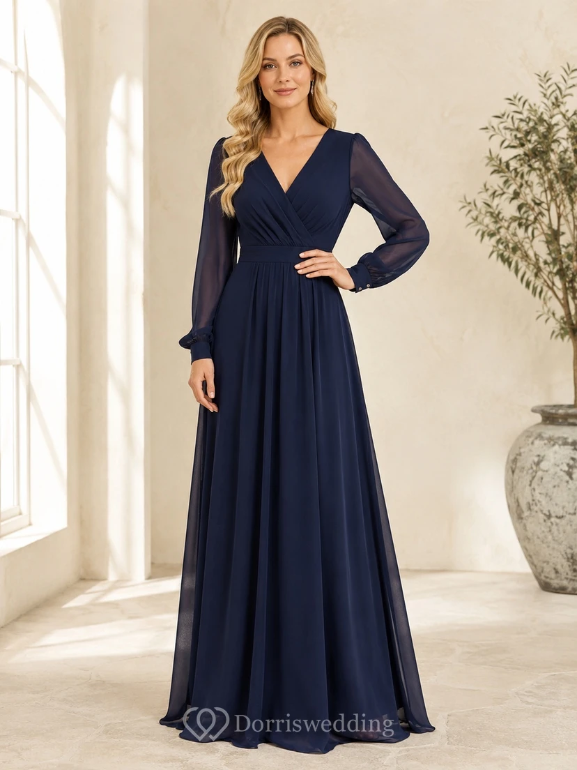 Dark Navy V Neck Long Sleeve Chiffon Empire Maxi Guest Reception Dress