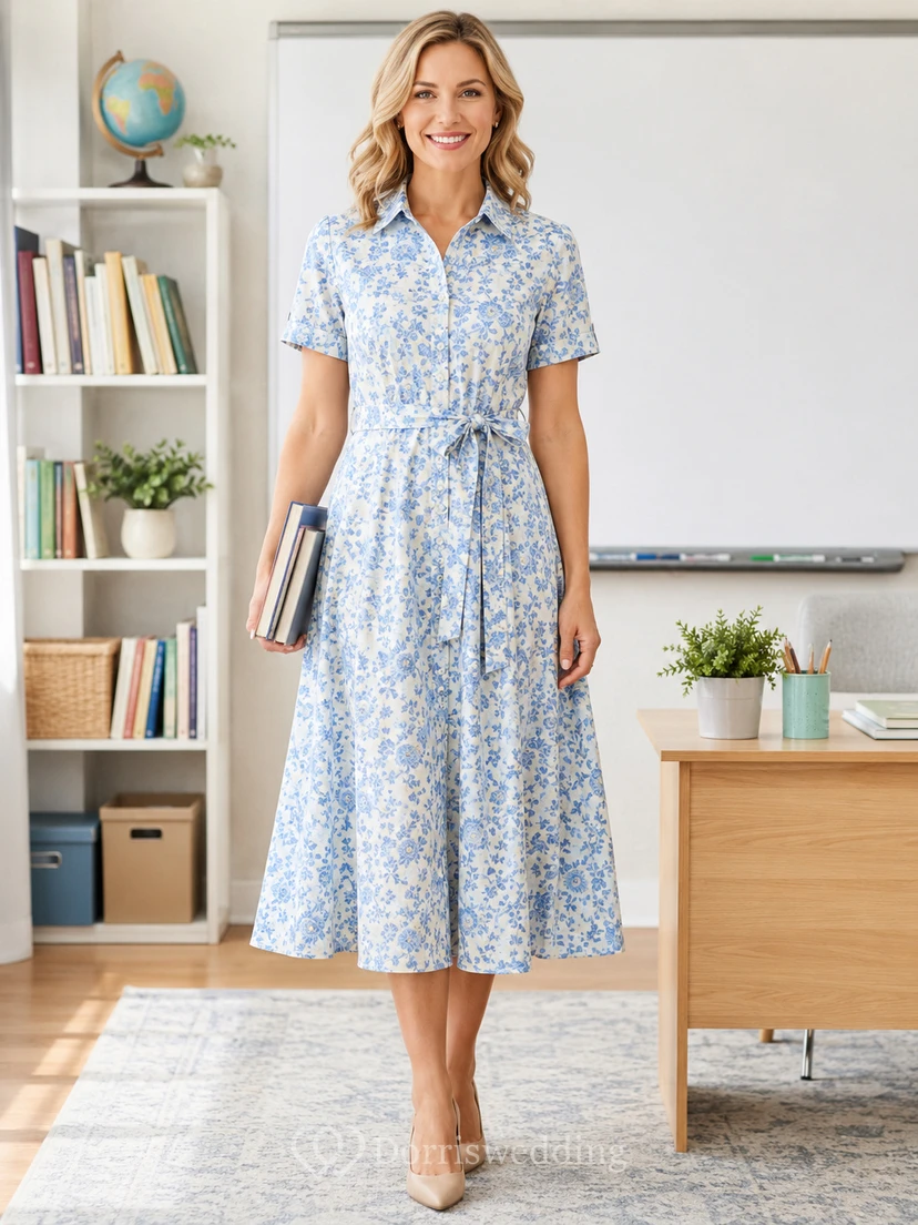 Blue floral short sleeve collared A-line teacher midi dress
