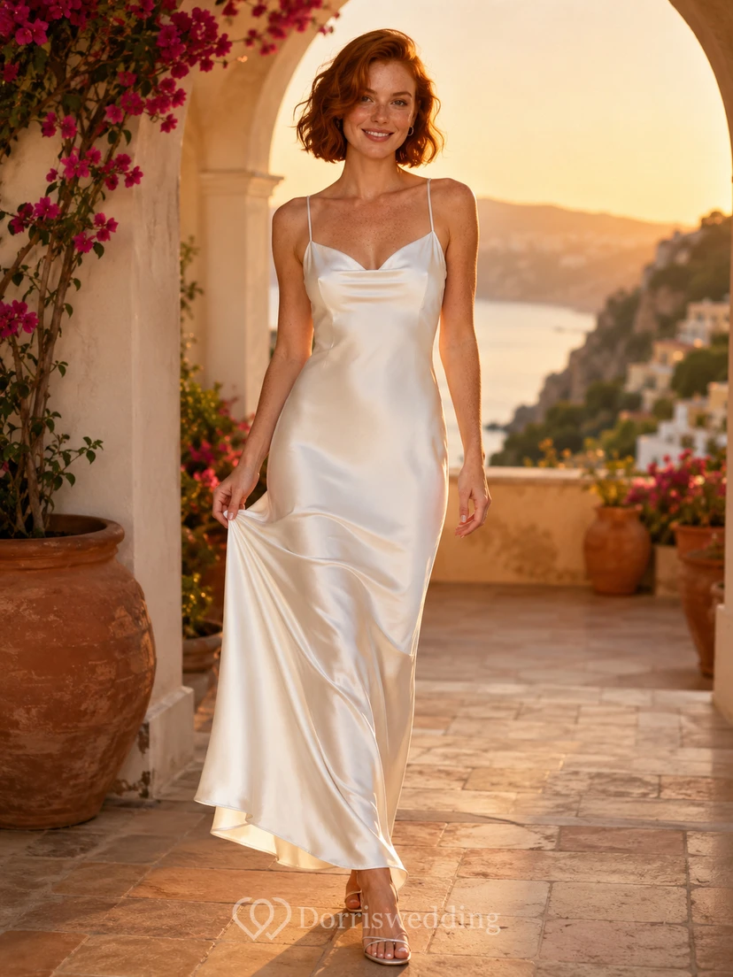 Vestido midi lencero de satén con tirantes finos y escote corazón, ideal para resorts.