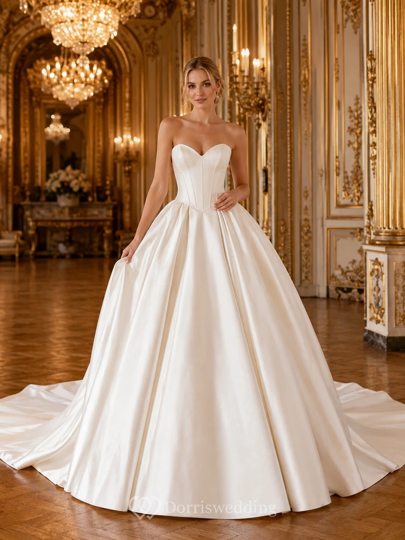 Strapless Sweetheart Satin Ball Gown Chapel Train Wedding Dress