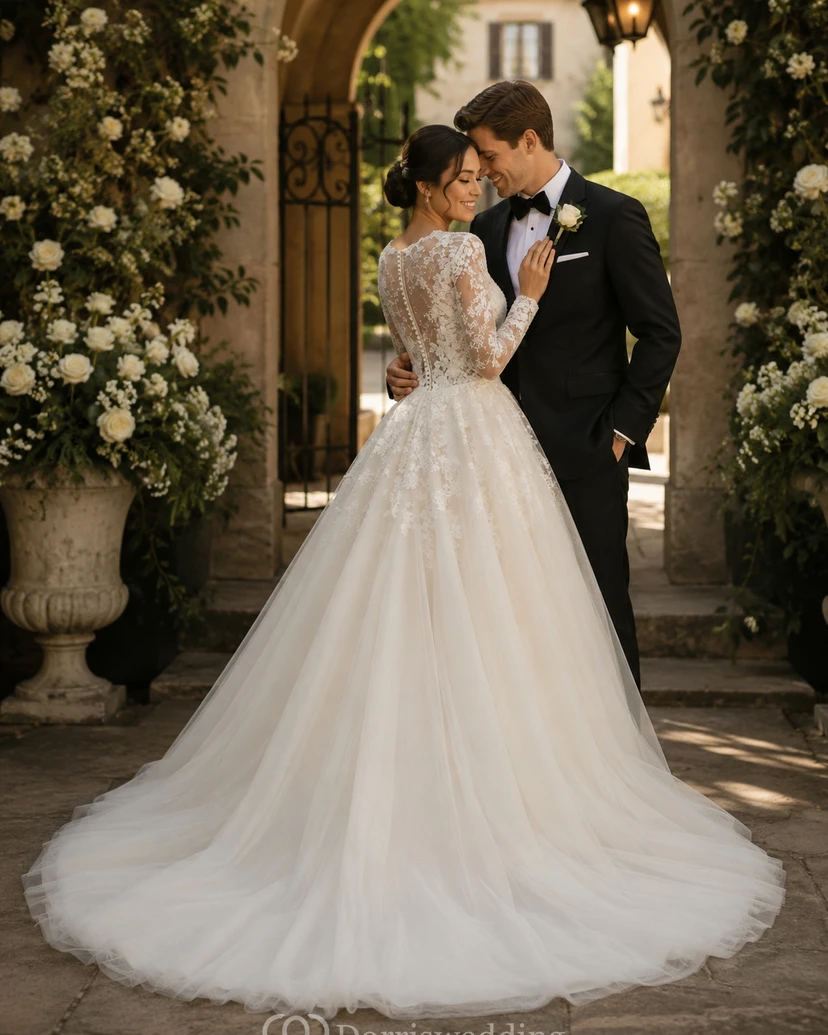 Robe de bal longue à manches longues effet illusion royale - Robe de mariée en tulle ornée d'appliqués de dentelle et traîne cathédrale view 4