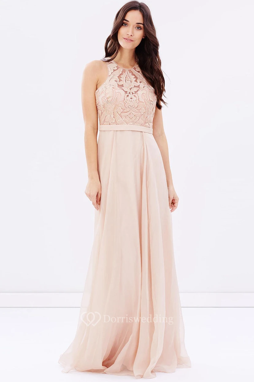 Sheath Sleeveless Appliqued Scoop Neck Chiffon Blush Bridesmaid Dress With Sequins