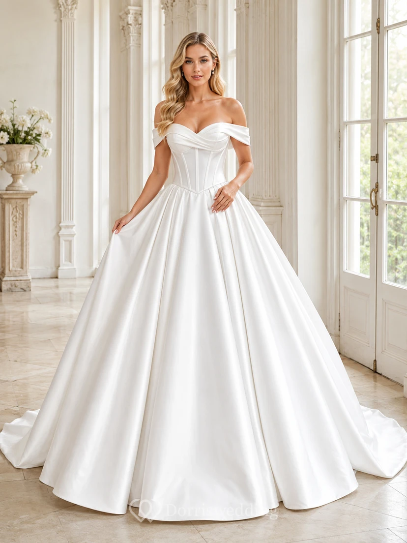 Robe de bal de luxe blanche en satin à épaules dénudées et traîne courte