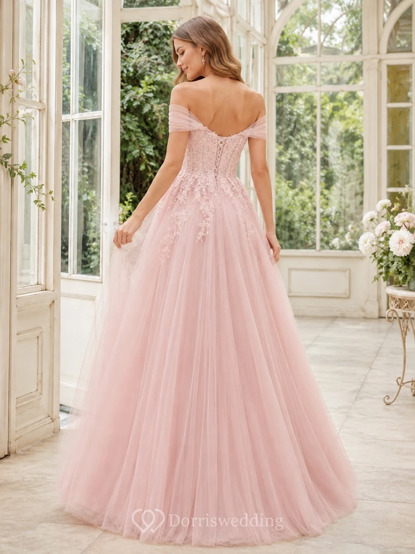 Vestido de noche de lujo largo hasta el suelo, sin mangas, de tul, color rosa empolvado con escote corazón. view 2