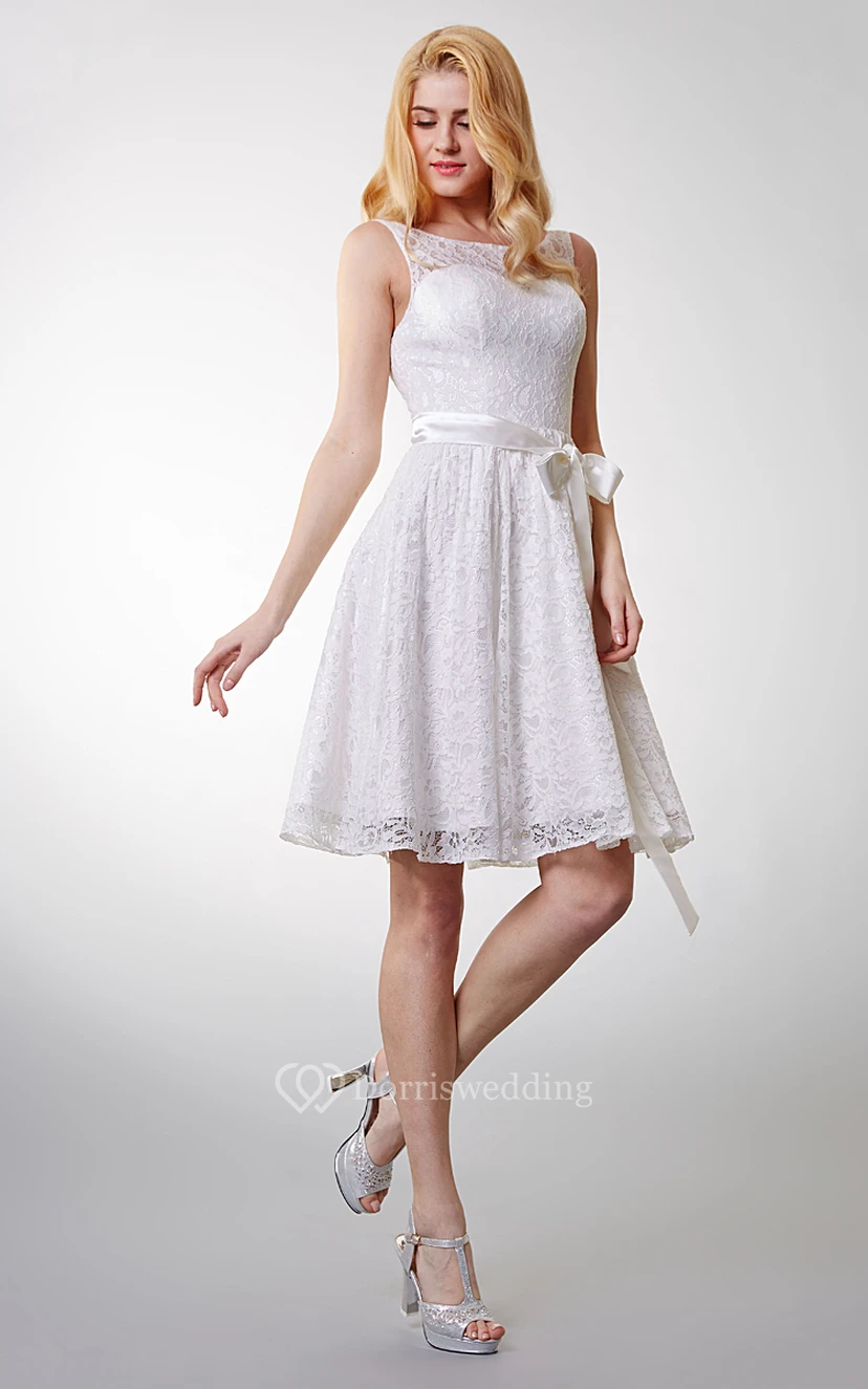Lovely Sleeveless Short Lace Dress With Bow Sash view 8