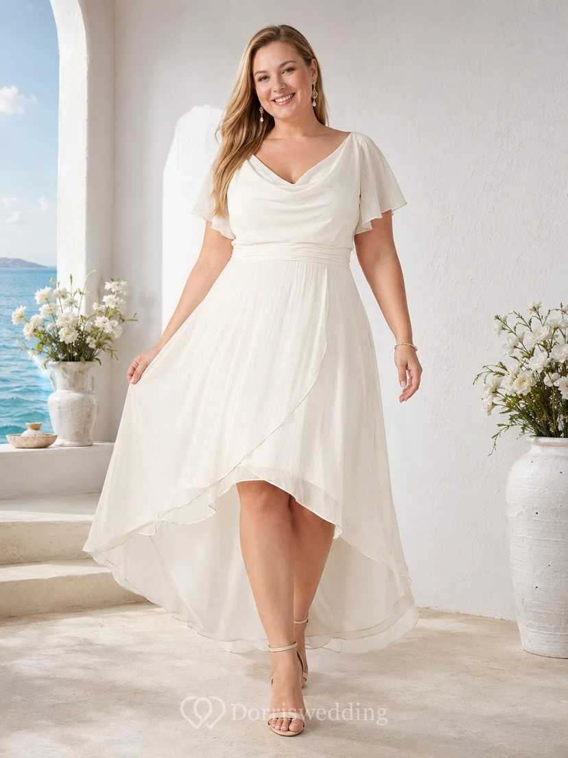 Romantisches, lässiges Chiffon-Brautkleid in Übergröße mit V-Ausschnitt, flatternden Ärmeln und asymmetrischem Saum – perfekt für die zweite Hochzeit.
