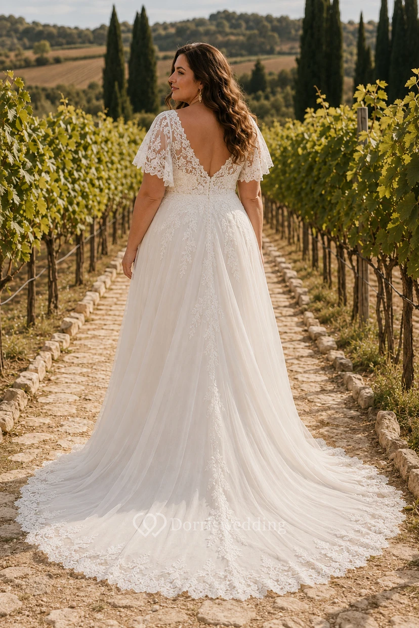 Robe de mariée grande taille en mousseline de soie, coupe trapèze, col en V et manches en dentelle, style vignoble view 2