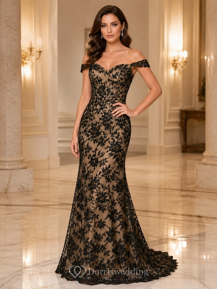 Black Sexy Off-Shoulder Mermaid Floral Lace Court Train Evening Gown