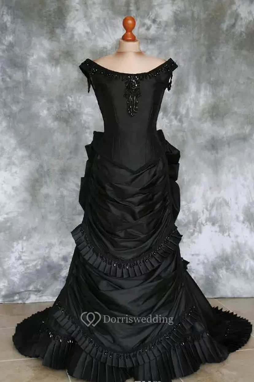 Robe de mariée trapèze en taffetas, manches courtes, traîne courte, ornée de volants, de fronces et de superpositions