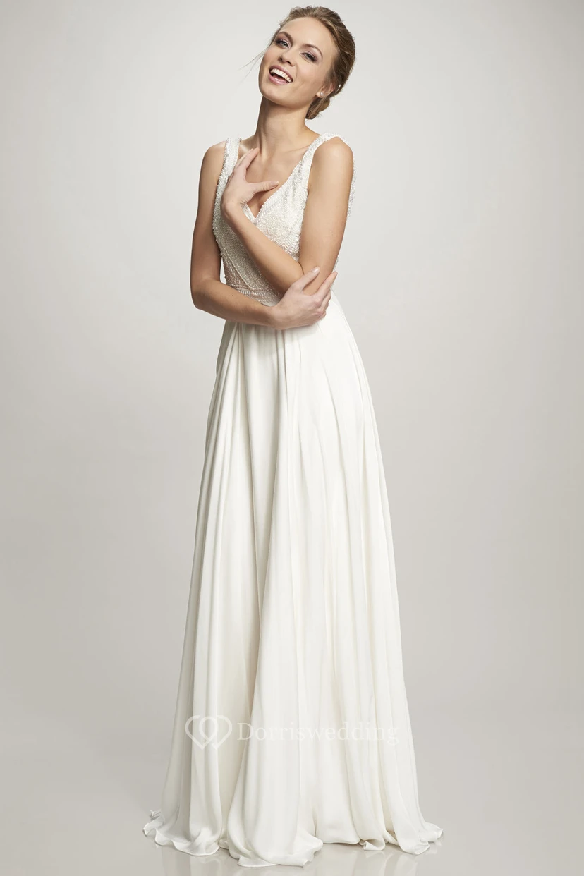 V-Neck Long Beaded Chiffon Wedding Dress With Sweep Train And V Back view 3