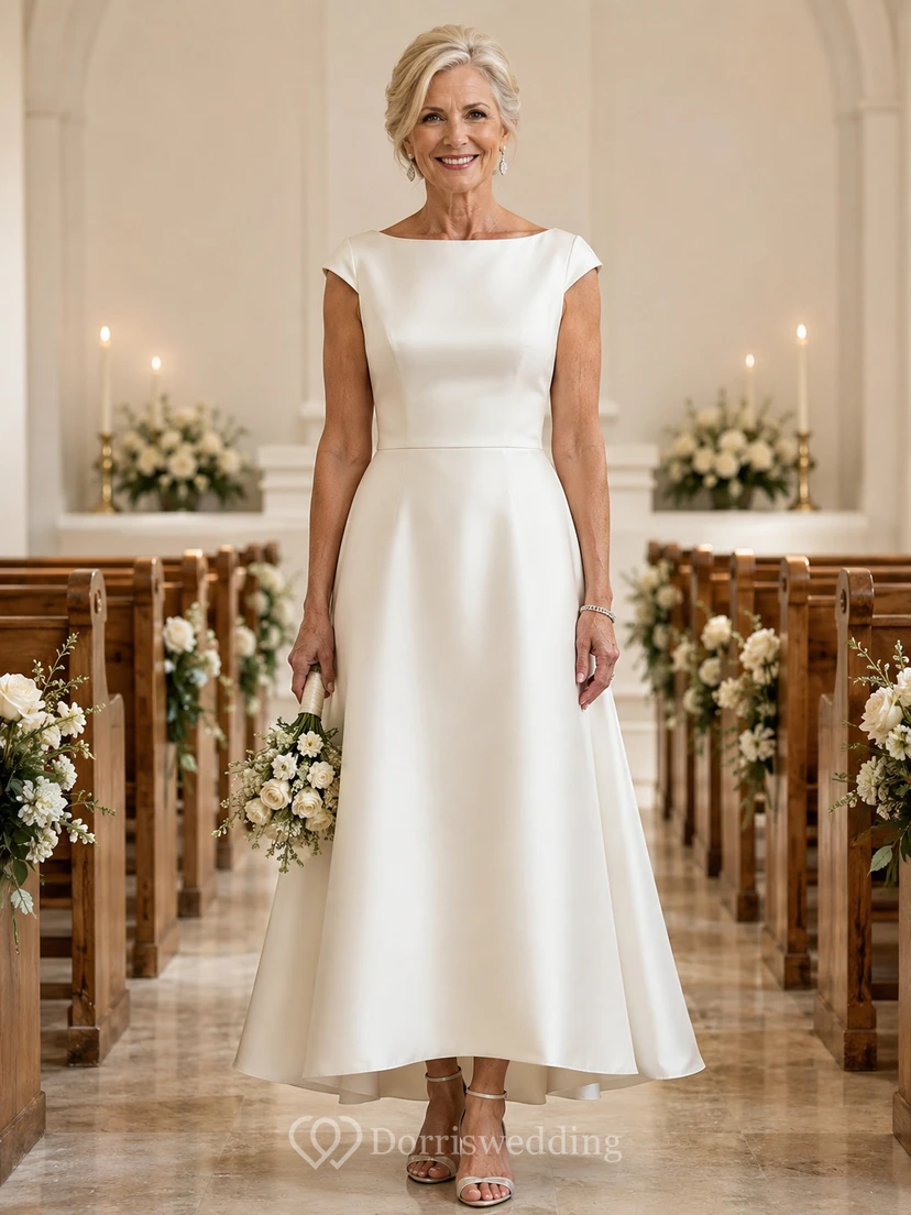 Bateau Satin High Low Older Brides Wedding Dress with Button Back