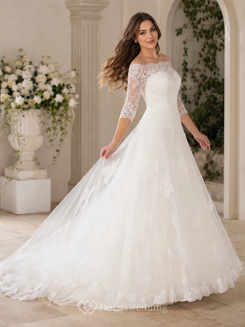 A-Line 3-4-Sleeve Off-The-Shoulder Lace&Tulle Wedding Dress With Illusion view 5