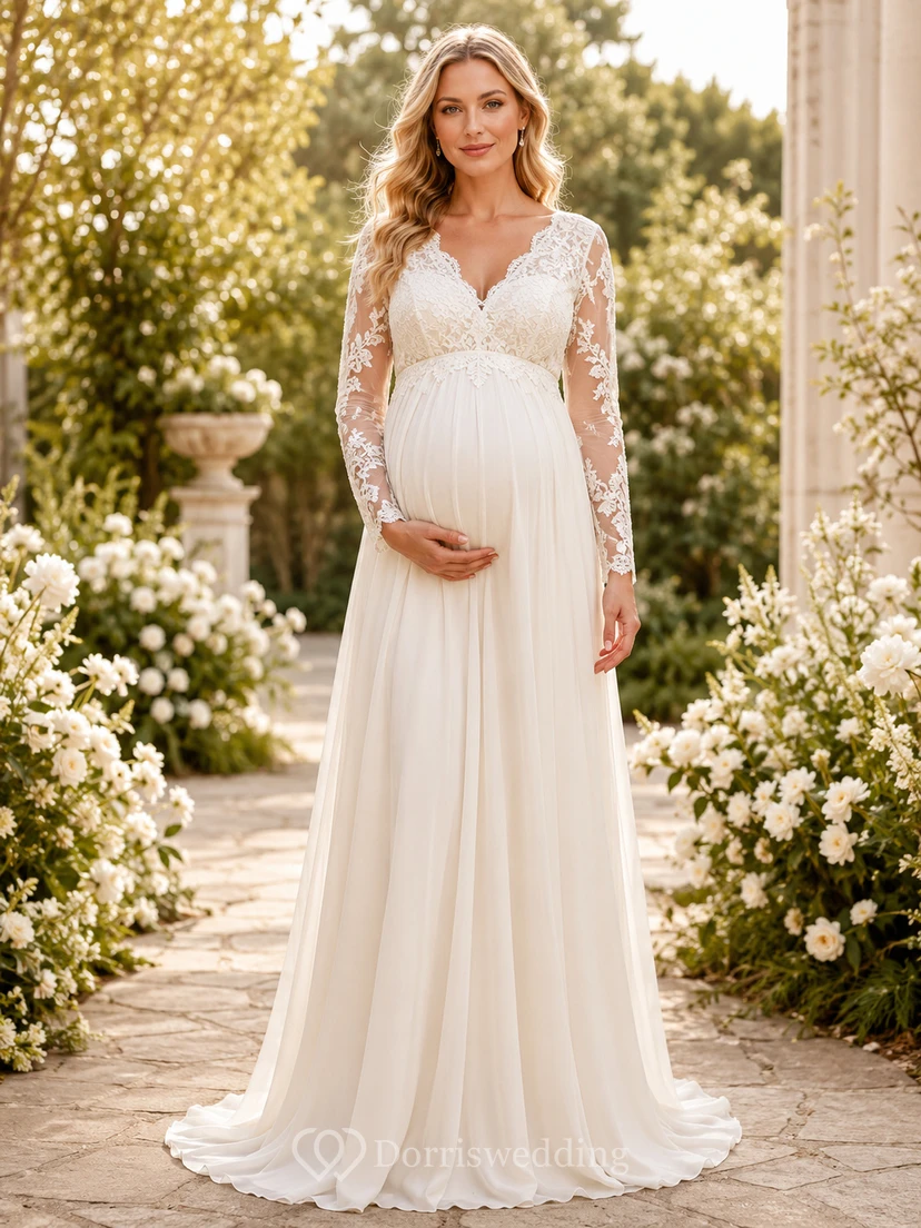 Robe de mariée en mousseline et dentelle style empire, col en V, manches longues, longueur au sol, idéale pour la plage.