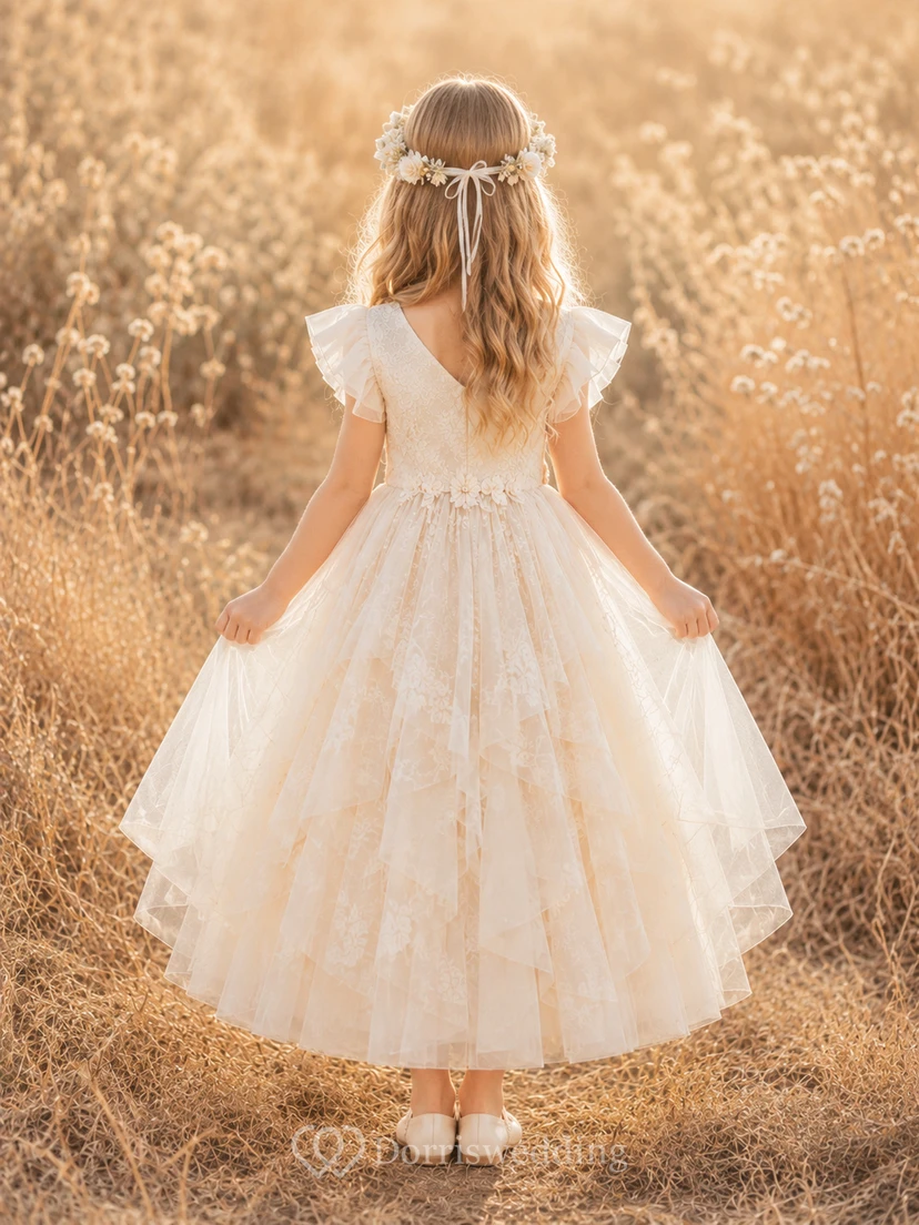 Vestido de niña de flores de corte A con capas de tul, mangas cortas, escote en V y falda hasta la rodilla. view 2