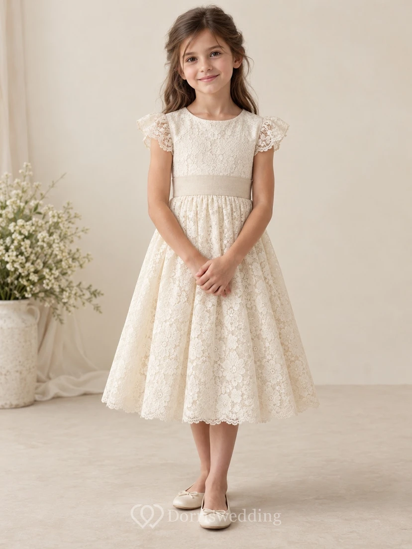 Modest Ivory Tea-length Scalloped Flutter Sleeve Narrow Sash Floral Lace Flower Girl Dress view 2