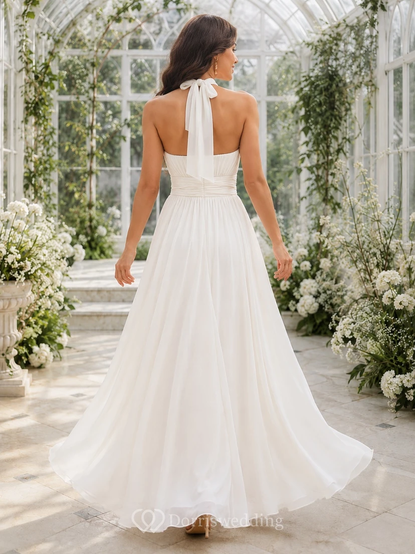 White Elegant Chiffon Bow Halter Backless Garden Evening Gown view 2
