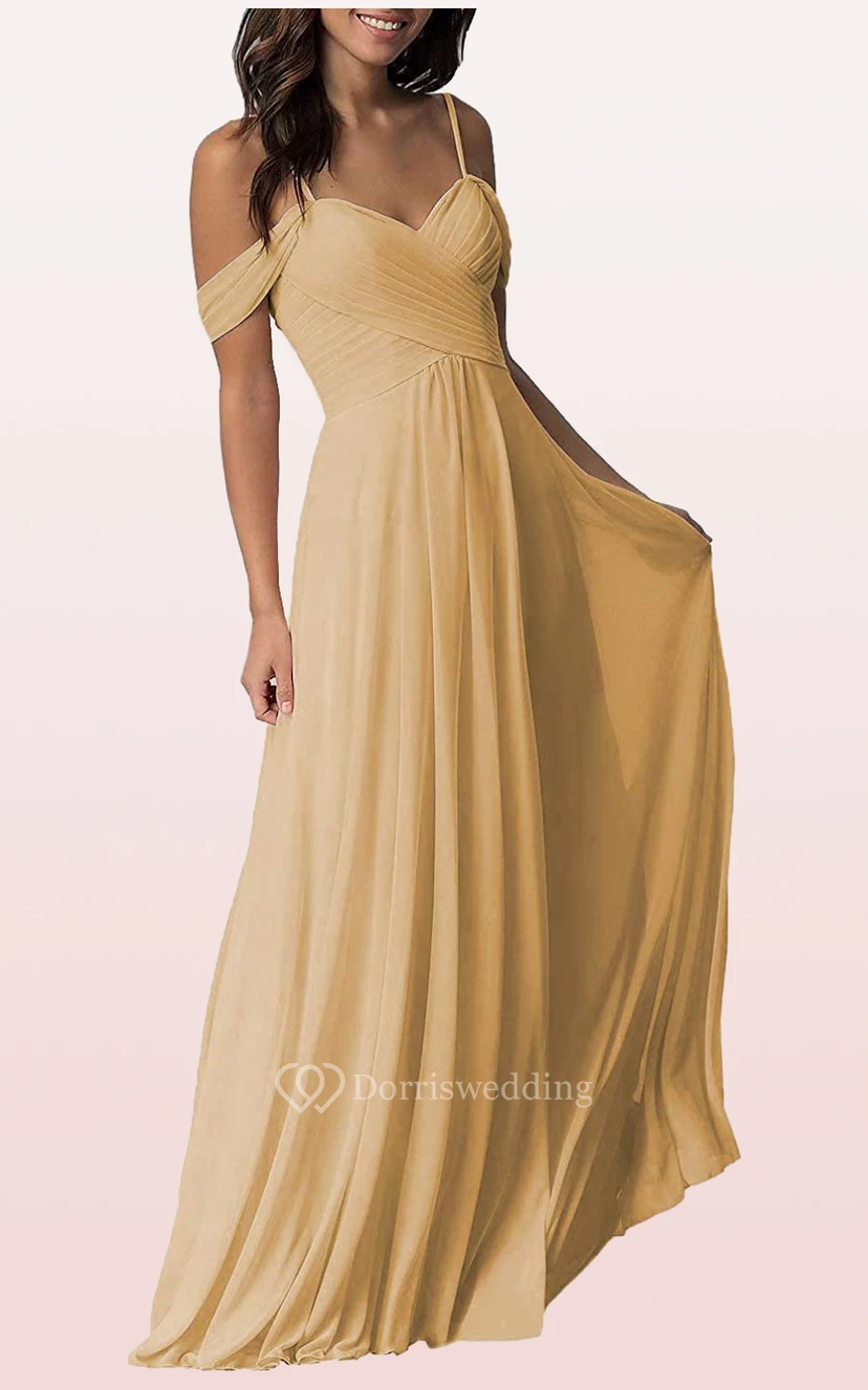 Off-the-shoulder A Line Sleeveless Floor-length Chiffon Bridesmaid Dress With Ruching view 6