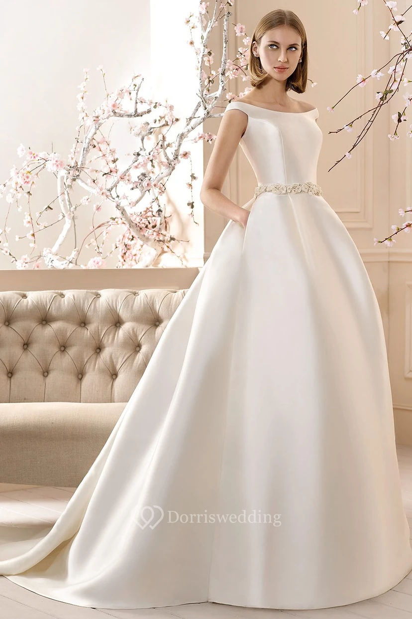 A-Line Maxi Off-The-Shoulder Jeweled Satin Wedding Dress