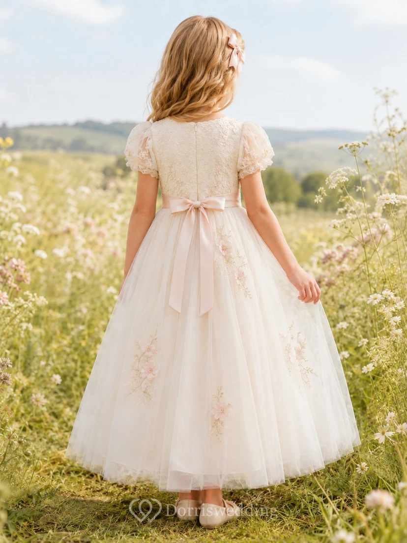 Flower Girl Dress Ivory Lace Tulle A-Line Short Sleeve Scoop Neck Tea Length view 2