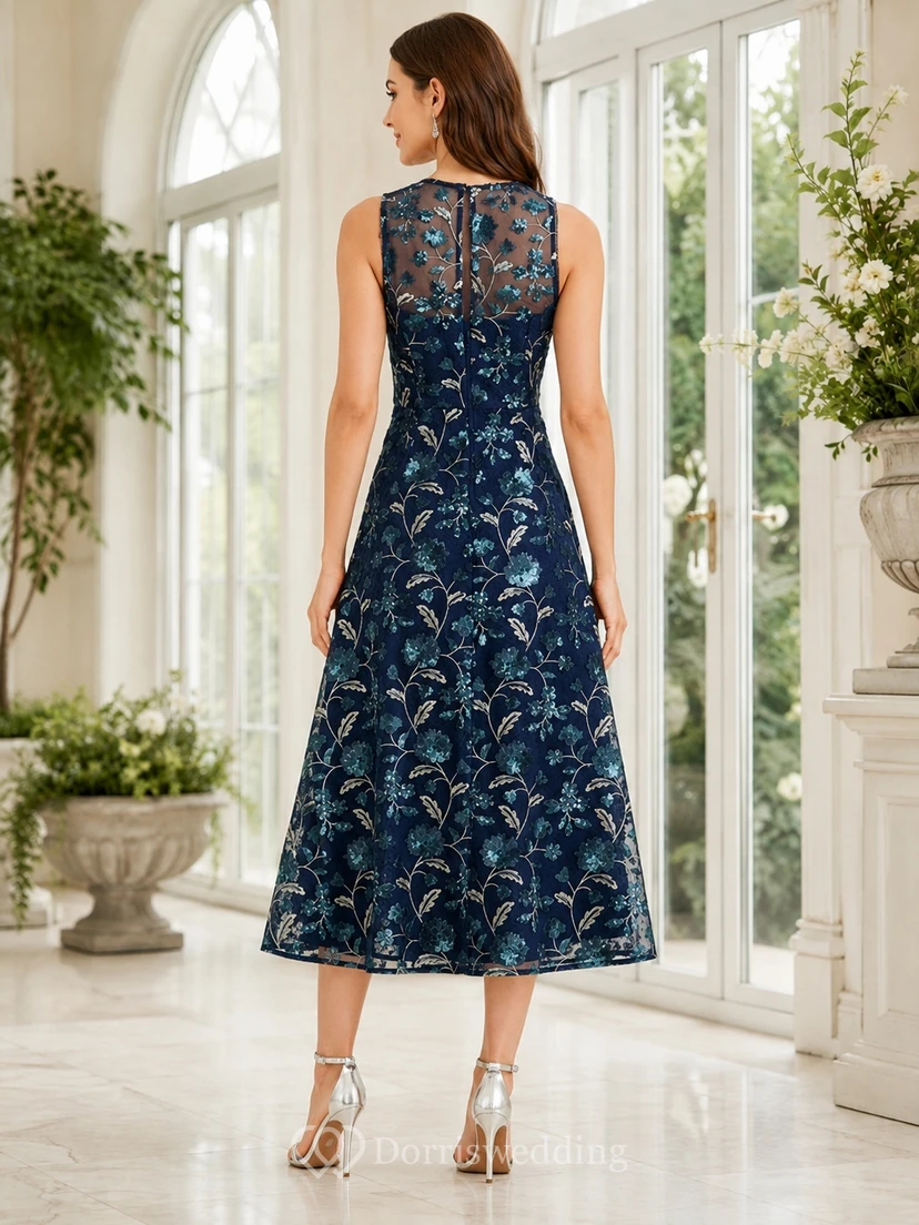Dark Navy Embroidered Tulle Floral Jewel Neck Tea-length Elegant Guest Dress view 2