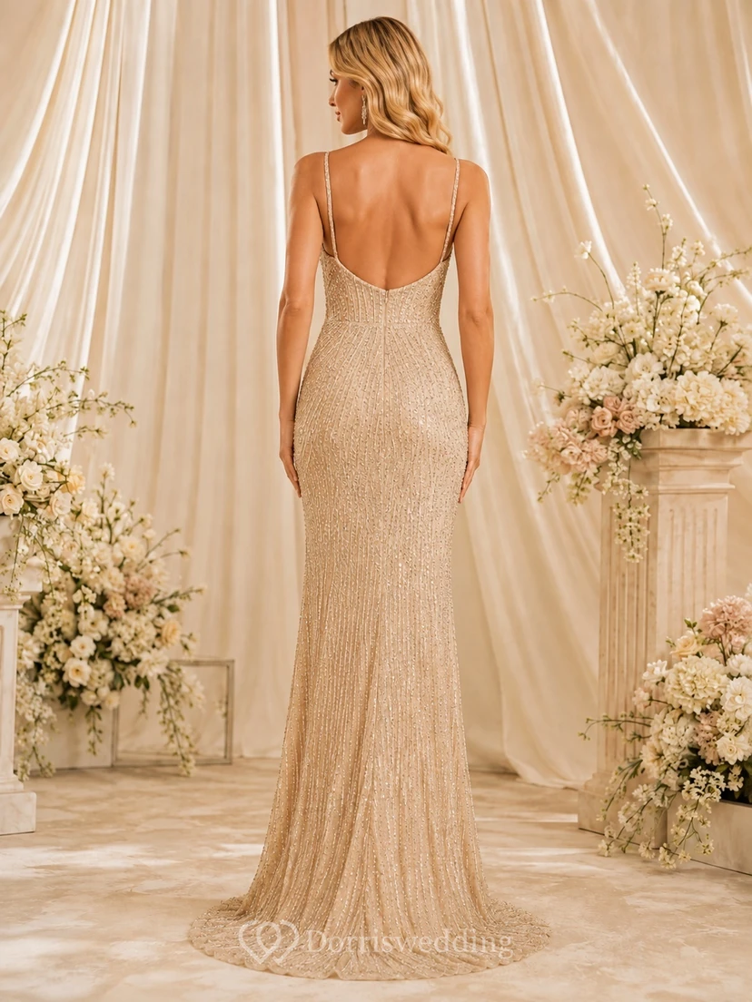 Mermaid Champagne Luxury Beaded Tulle Sweetheart Formal Evening Gown view 2