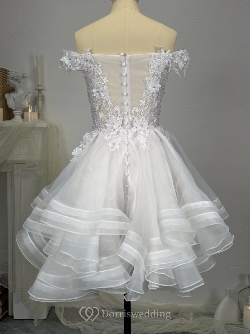 White Short A-line Empire Ruffled Layered Dress with Lace Top view 2