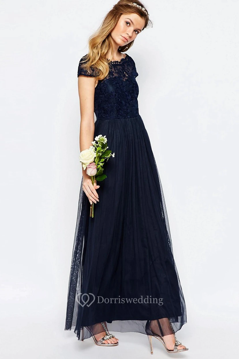 A-Line Appliqued Bateau-Neck Floor-Length Short-Sleeve Chiffon Bridesmaid Dress With Pleats view 4